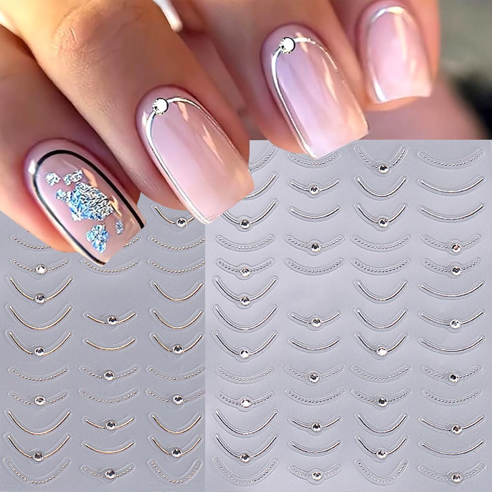 French Line Nail Art Stickers,Gold Silver Line Diamond Nail Stickers 5D Self-Adhesive Nail Decals 2Pcs Nail Art Supplies Gold Silvery Lines Stripe Deisgns for Women Nails Decor