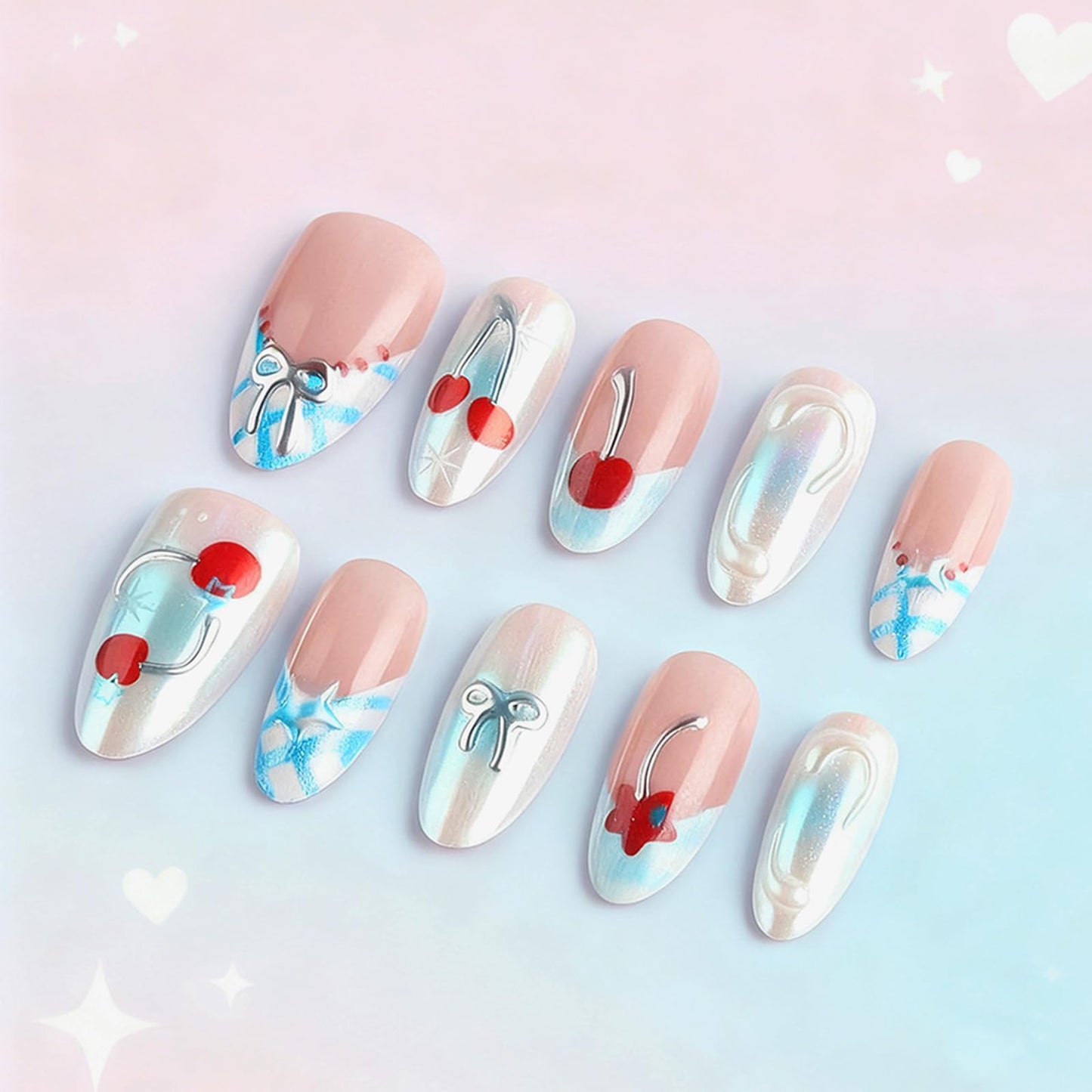3D Bow Tie Press on Nails Cherry Gel Glue on Nail Red Stars Acrylic Fake Nail Glossy Blue Glitter French Tips Stick on Fingernails Valentines Almond Medium False Nails 30Pcs for Women Valentine's Gift