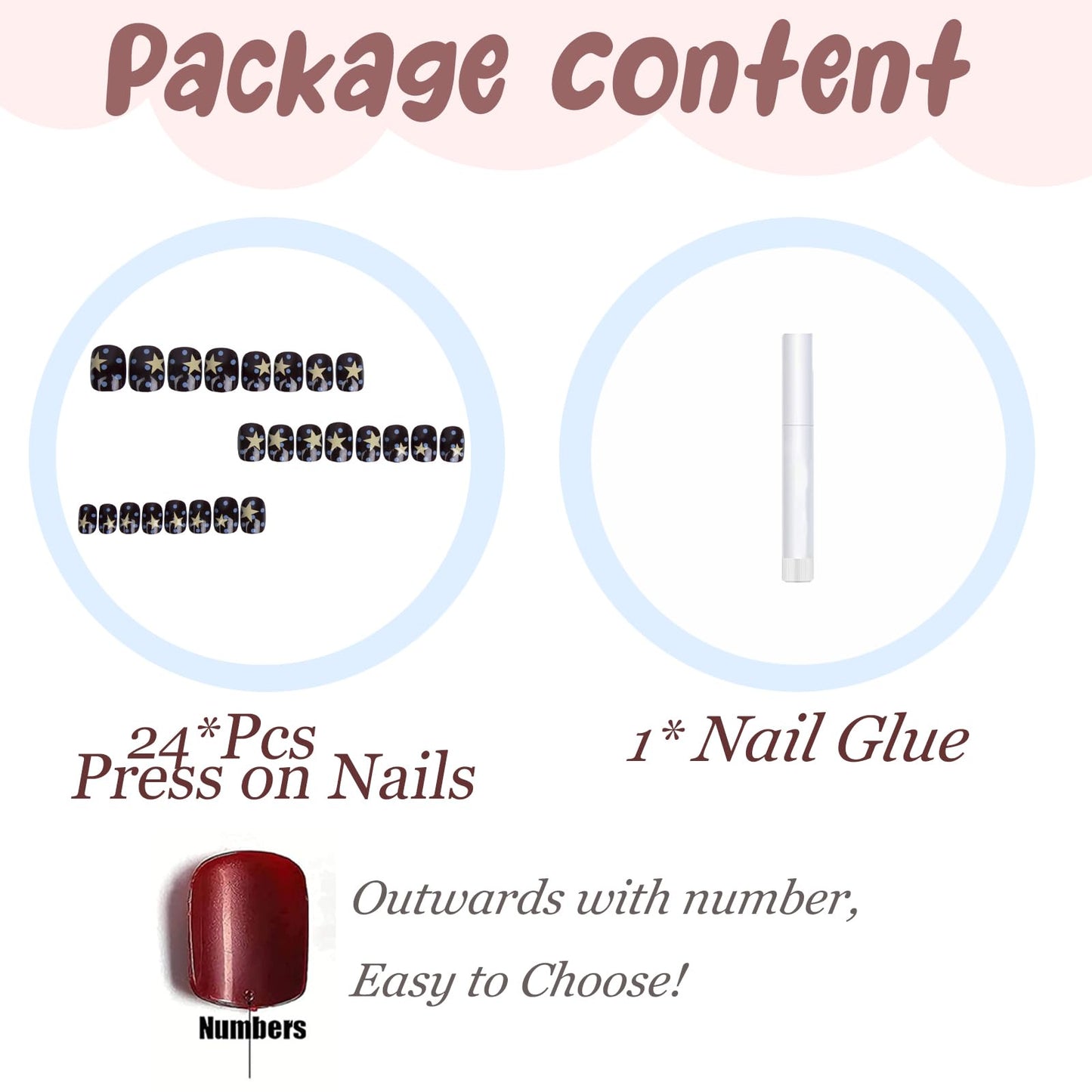 BABALAL Press On Nails, Short Square Fake Nails, Brown with Star & Blue Polka Dot Design, Glossy Retro Western Cowgirl Glue On Nails for Women and Girls 24Pcs