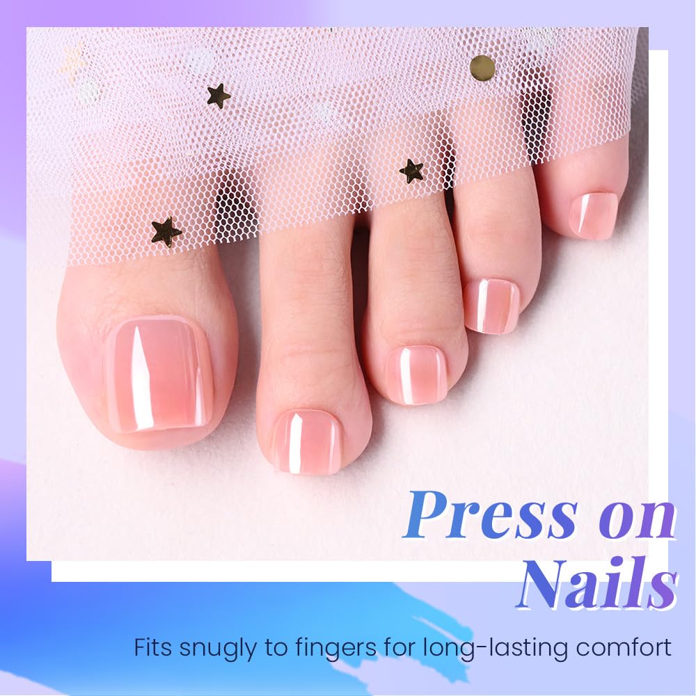 evpct Coral Glazed Press on Toenails Square for Women Gift, Glossy Square Fake Stick Press on Toe Nails, Soft Stick on Toenail Set with Kit, Lightweight Perfectly Fit Full Cover Fake Toenails 32Pcs