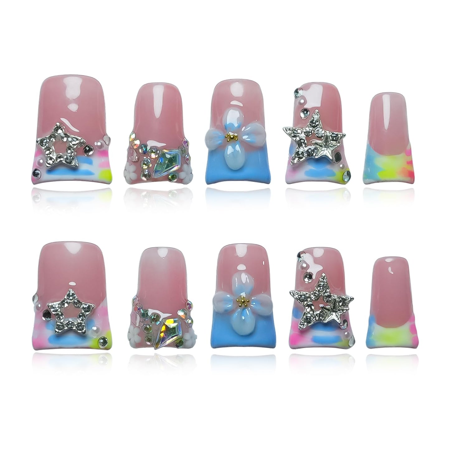 Tesytto Press on Nails Duck Shape with 3D Floral Metallic Star Rhinestones, Luxury Reusable Acrylic Fake Nails Blue French Tip Nude Pink False Nails (Pastel Pink-Blue Stellar,L)