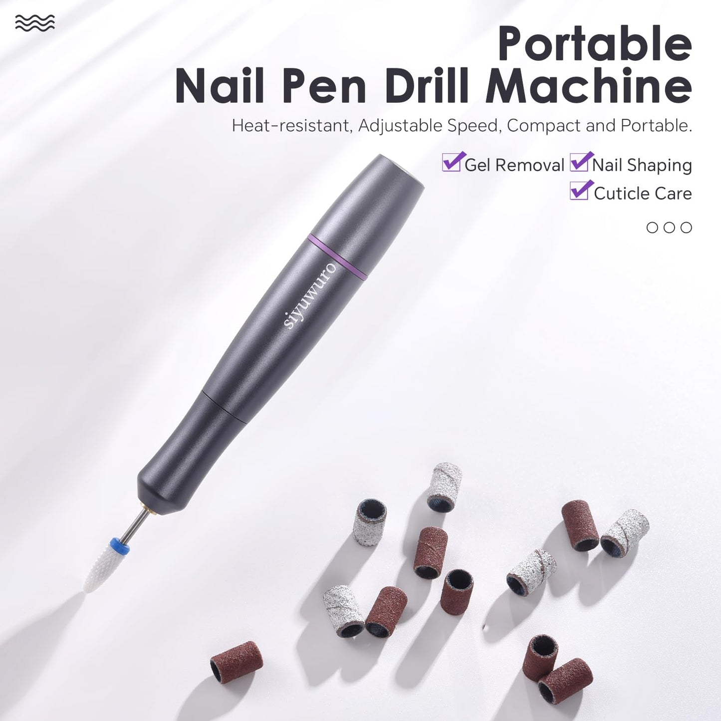 siyuwuro Electric Nail Drill Machine Portable Electric Nail File for Acrylic Gel Dip Powder Nails Professional Manicure Pedicure Tools Kit with Nail Drill Bits Sanding Bands, for Home DIY &Salon, Grey
