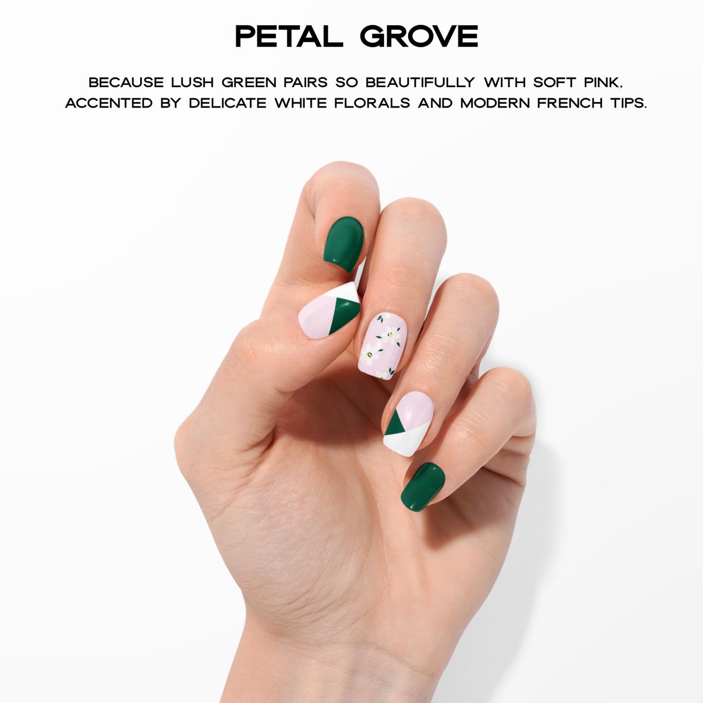 Adora Couture Semi Cured Gel Nail Strips with 30 Pieces, Salon Quality Wraps for Women, Beautiful Deep Green with Floral Accents UV Gel Stickers, UV Light Required, Petal Grove