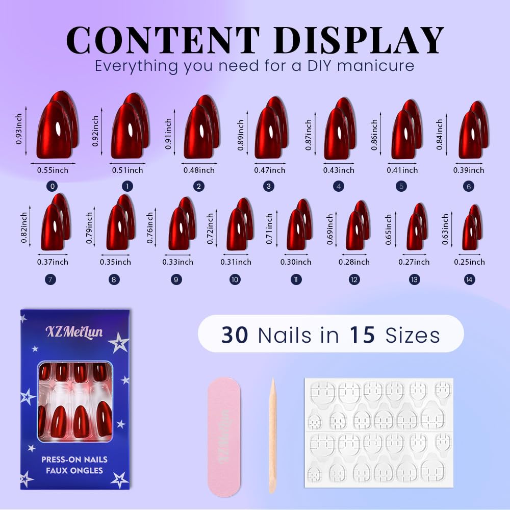 XZMeiLun Cat Eye Red Press On Nails Almond Medium Length, Magnetic Acrylic Fake Nails Stylish Design, Salon-Quality Shiny Finish, Reusable Stick On Nails Kit for Women, Daily Wear (No Glue Included)