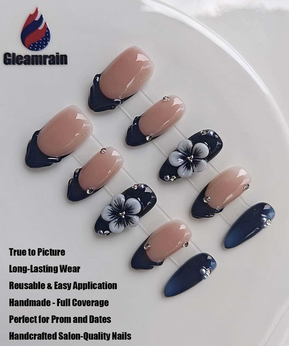 Gleamrain Almond Medium Handmade Press on Nails for Women, Handcrafted Floral Dark Blue Design Nude Natural Reusable Full Cover Fake Nail for Daily Wear Party Prom D315