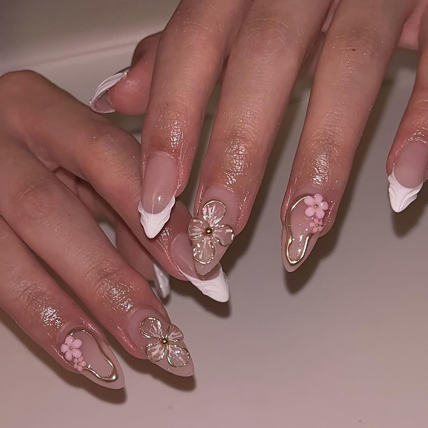 French Flower Press On Nails Almond Medium Fake Nails Press Ons With Gold Hollow Out Design False Nails Glossy Spring Glue On Nails Full Cover Stick On Nails For Women Nail Decorations