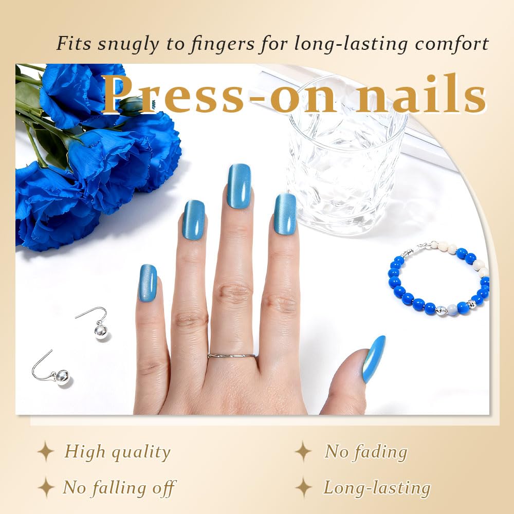 XZMeiLun Cat Eye Aqua Blue Press On Nails Medium Long Length Square, Designer Reusable Acrylic Fake Nail with Glue, Glossy Gel Nails Wedding Party, Stick On Glue On Nail, Nails Press Ons for Women