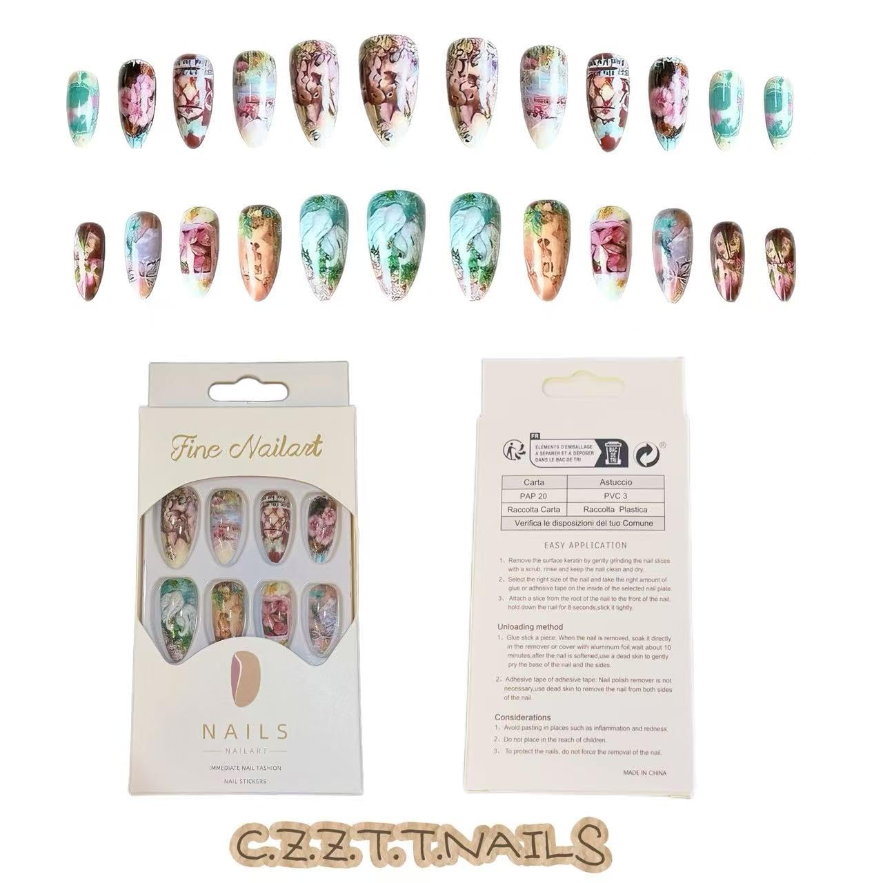 C.Z.Z.T.T.NAILS Fairytale Garden Press-On Nails, 24 Pieces Almond Shaped Artificial Nails with Swan and Floral Art Design, Reusable False Nail Tips in Pastel Colors