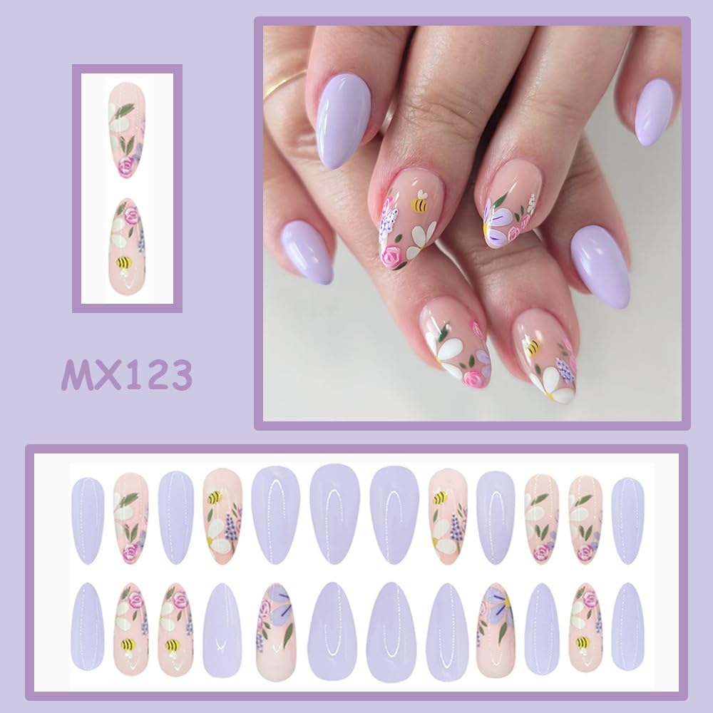 Flower Press on Nails Medium Almond Fake Nails with White Floral Design Glossy Full Cover Purple False Nail Spring Summer Nail Press ons Reusable Cute Stiletto Acrylic Nail for Women Manicure 24Pcs