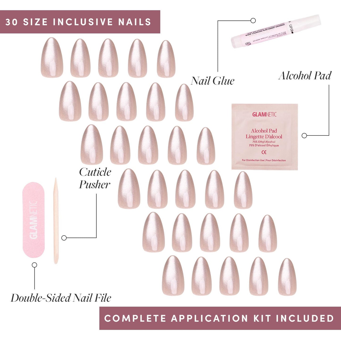 Glamnetic Press-On Nails Bundle - Azure Blue, Hailey & Fairy Dust | Bright Blue Round Fake Nails | Glazed Almond False Nails | Short Oval Beige-Pink Nails with a Metallic Finish