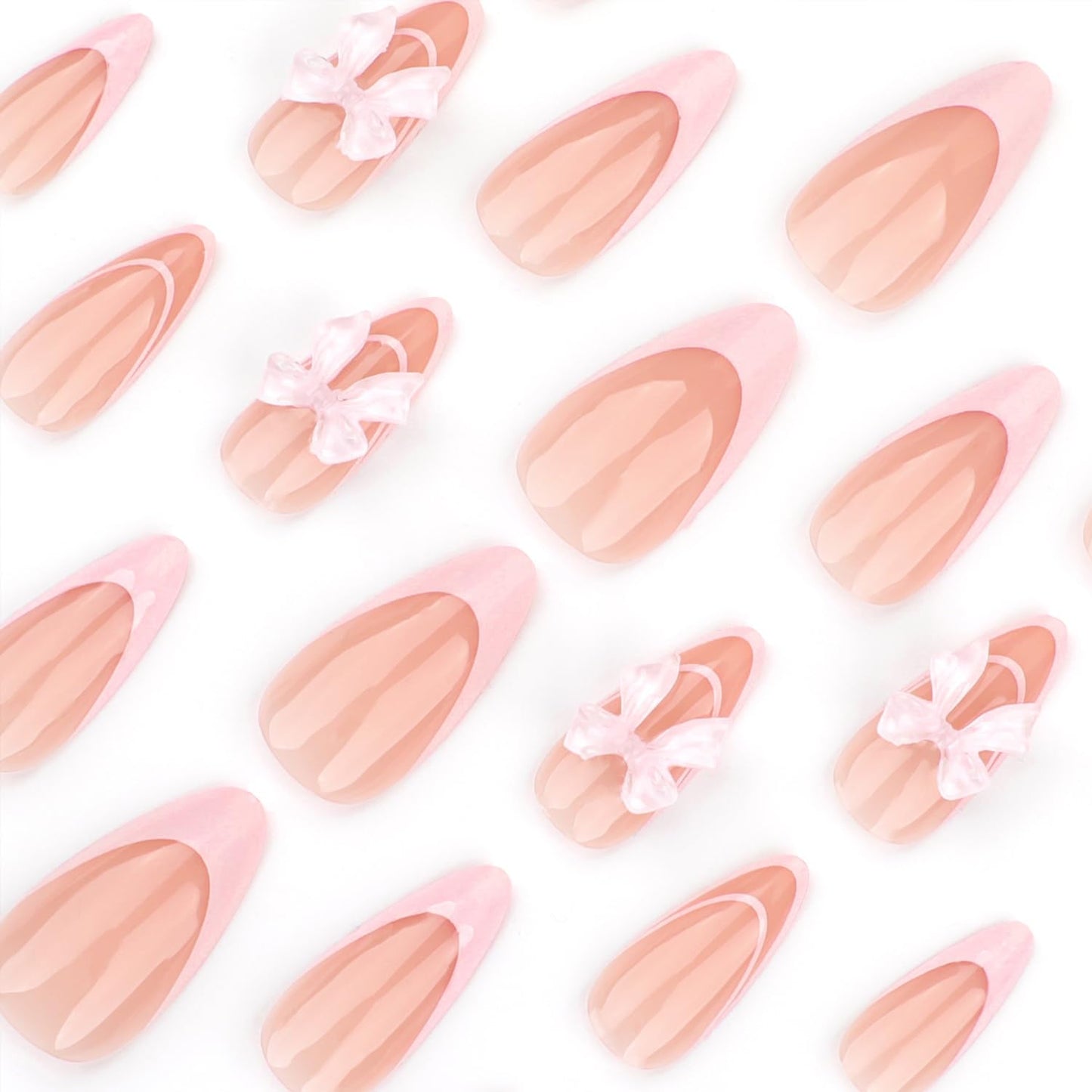 French Tip Press on Nails Medium Length 3D Bow Fake Nails French Nails Press ons Cute Bow Stick on Nails Almond Acrylic False Nails, Artificial Nails Finger Manicure for Women and Girls 24pcs