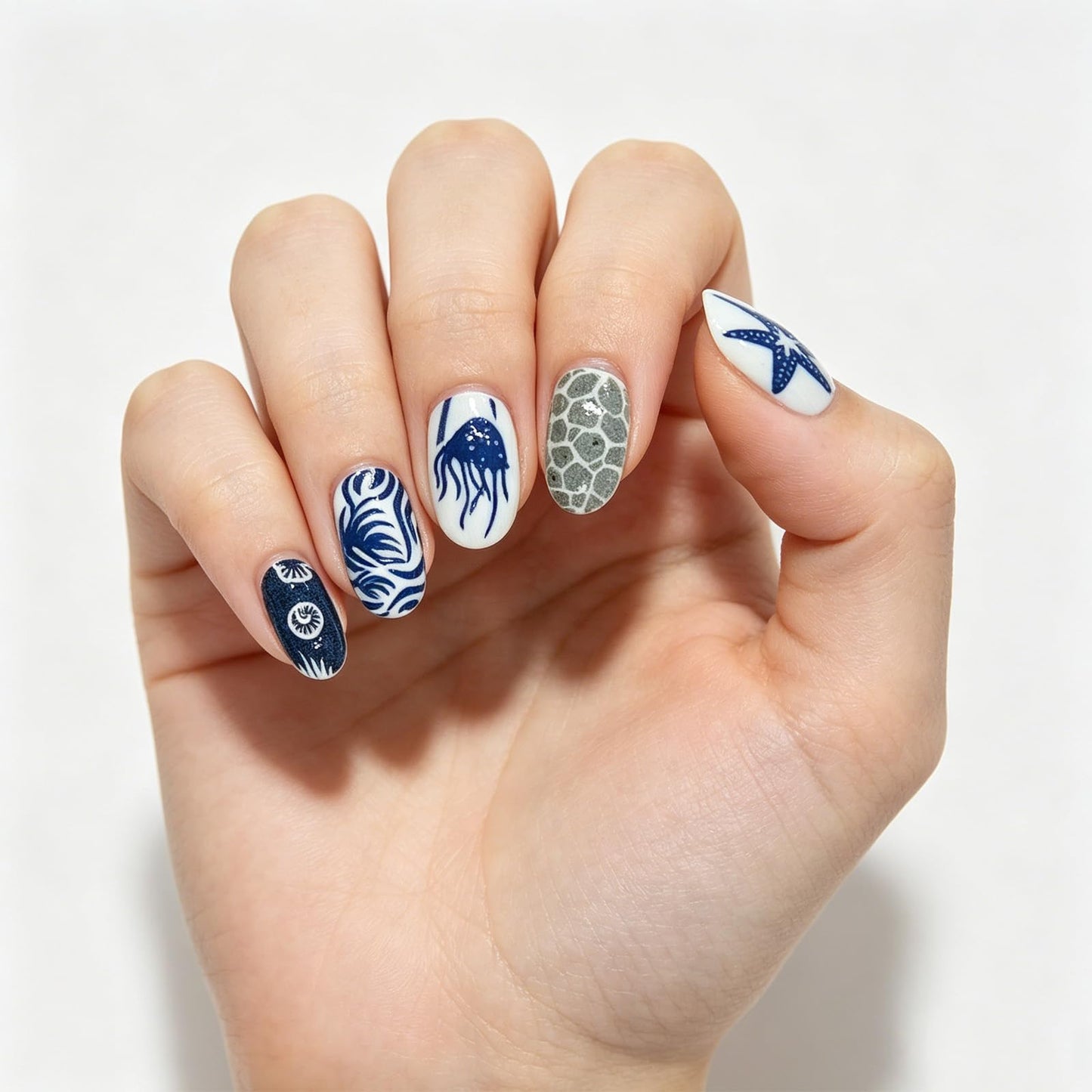 Ocean Themed Press on Nails Medium Almond, Whale False Nails, Glossy Blue Stripe Fake Nail Starfish Glue on Nail, Jellyfish Stick on Reusable Acrylic Fingernails for Women Summer Beach Daily Wear
