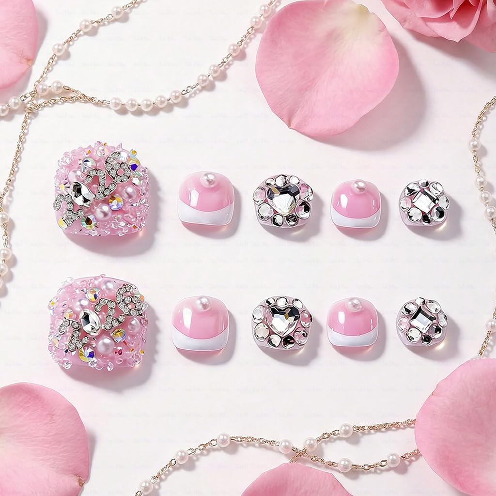 IntoVibes 10 Pieces Handmade Luxury Press On Toenails With Bling Rhinestones And 2026 3D Decoration, Full Cover, Press On Nails Stick On Toe Nails For Women Manicure, Acrylic Fake Toe Nails(M)