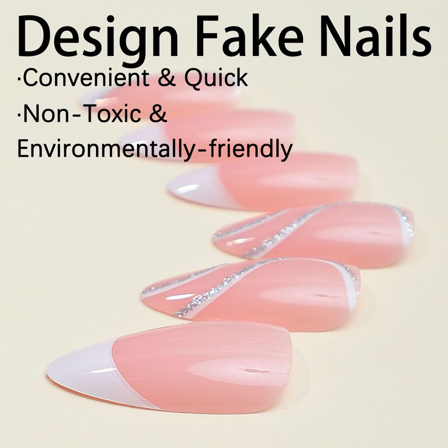 FJSMTOPl White French Tip Press on Nails Almond Fake Nails Press ons Medium False Nails Glitter Swirl Glossy Full Cover Acrylic Glue on Nails Artificial Stick on Nail for Women Manicure 24Pcs