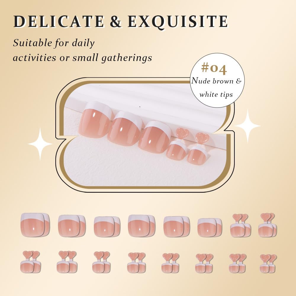 evpct French Press on Toenails Short Square, Summer Nude Brown + White Tip French Toe Nails Press ons Short Light Perfectly Fit Fake Toenails for Women with Kits Gel Stick, Fake Toenail Kit 32Pcs