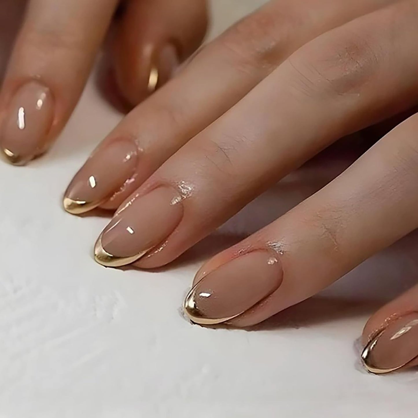 Short Almond Press on Nails With Gold French Tip Oval Nude Fake Nails Press ons Acrylic False Nails Glossy Full Cover Artificial Stick on Nails for Women Girls 24 Pcs