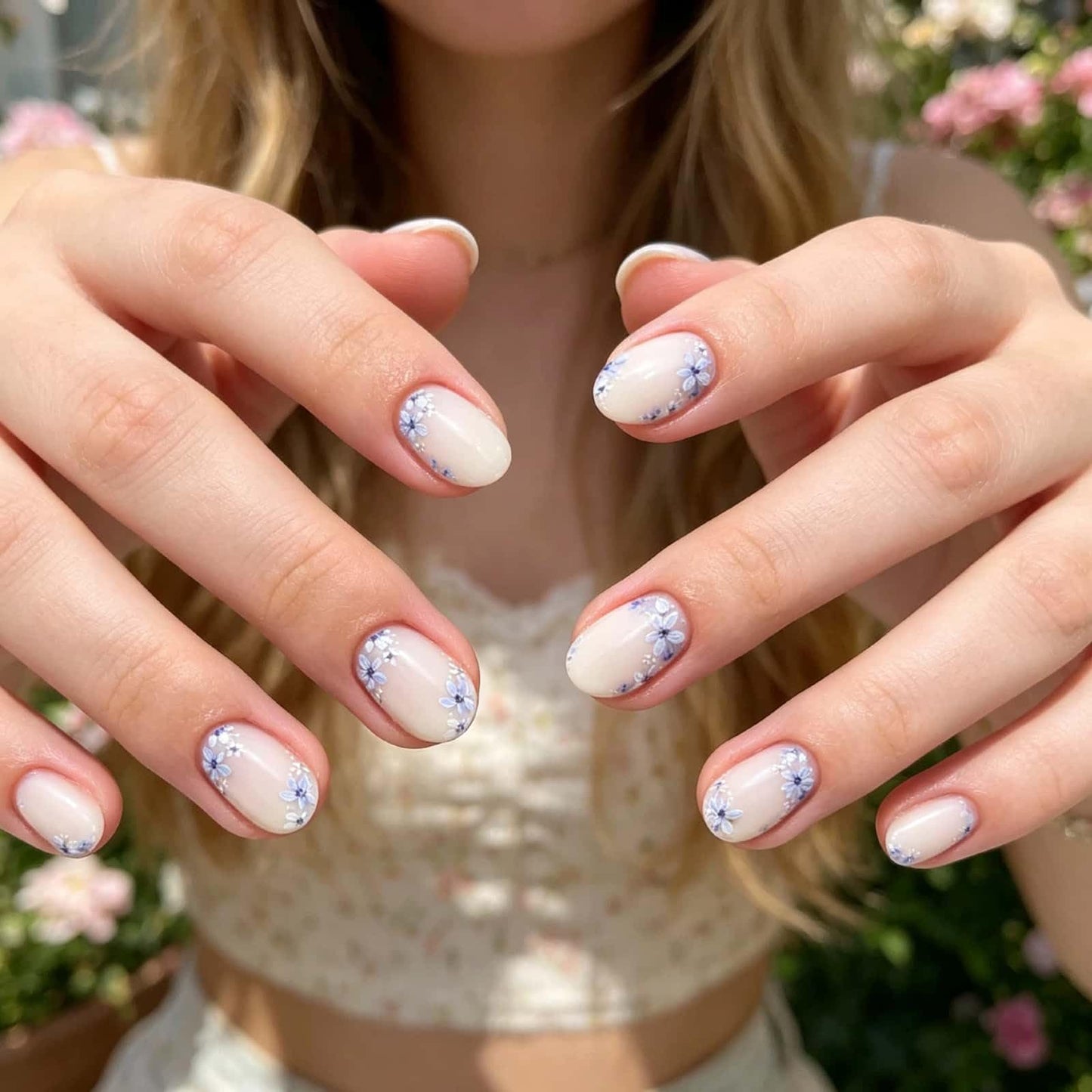 French Flower Press on Nails Short Round Fake Nails with Blue Floral Design Glossy White Glue on Nails Spring Summer Reusable Artificial Nail Full Cover Stick on Nails for Women 24Pcs