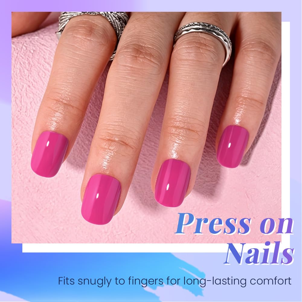 evpct Hot Pink Glossy Squoval Short Press on Nails for Women, Hot Pink Extra Short Squoval No Glue Stick on Nails with Kit, Reusable Full Cover Soft Press on Fake Nail Salon-quality Perfectly Fit