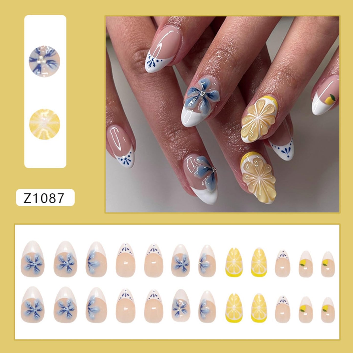 3D Flower Lemon Press on Nails White French Tip Fake Nails Short Oval Acrylic Glue on Nail Glossy Full Cover Artificial Stick on Nail for Women DIY Manicure