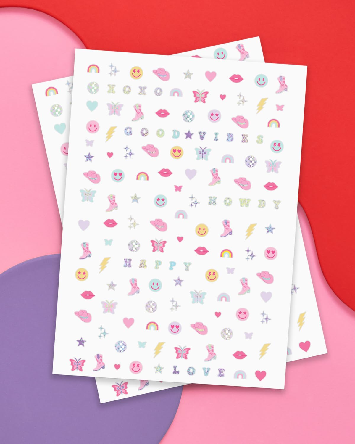 xo, Fetti Party Preppy Nail Stickers | 496 Stickers | Girly Party Accessory, Rainbow Bachelorette Decorations, Smiley Birthday Manicure, Butterfly Adhesive Press Ons