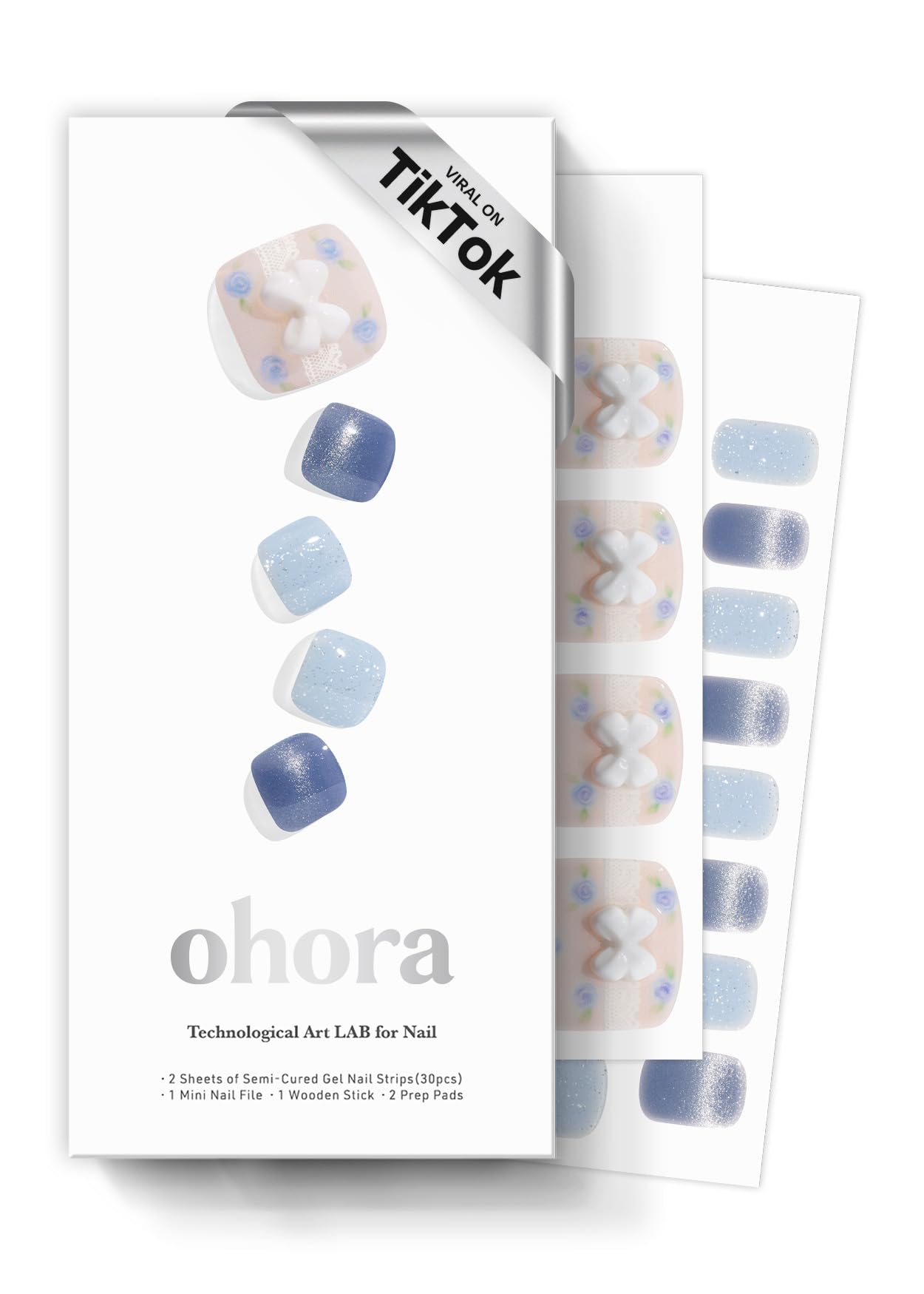 ohora Semi Cured Gel Pedi Strips (P Berry ChouChou) - Works with Any Nail Lamps, Salon-Quality, Long Lasting, Easy to Apply & Remove - Includes 2 Prep Pads, Nail File & Wooden Stick