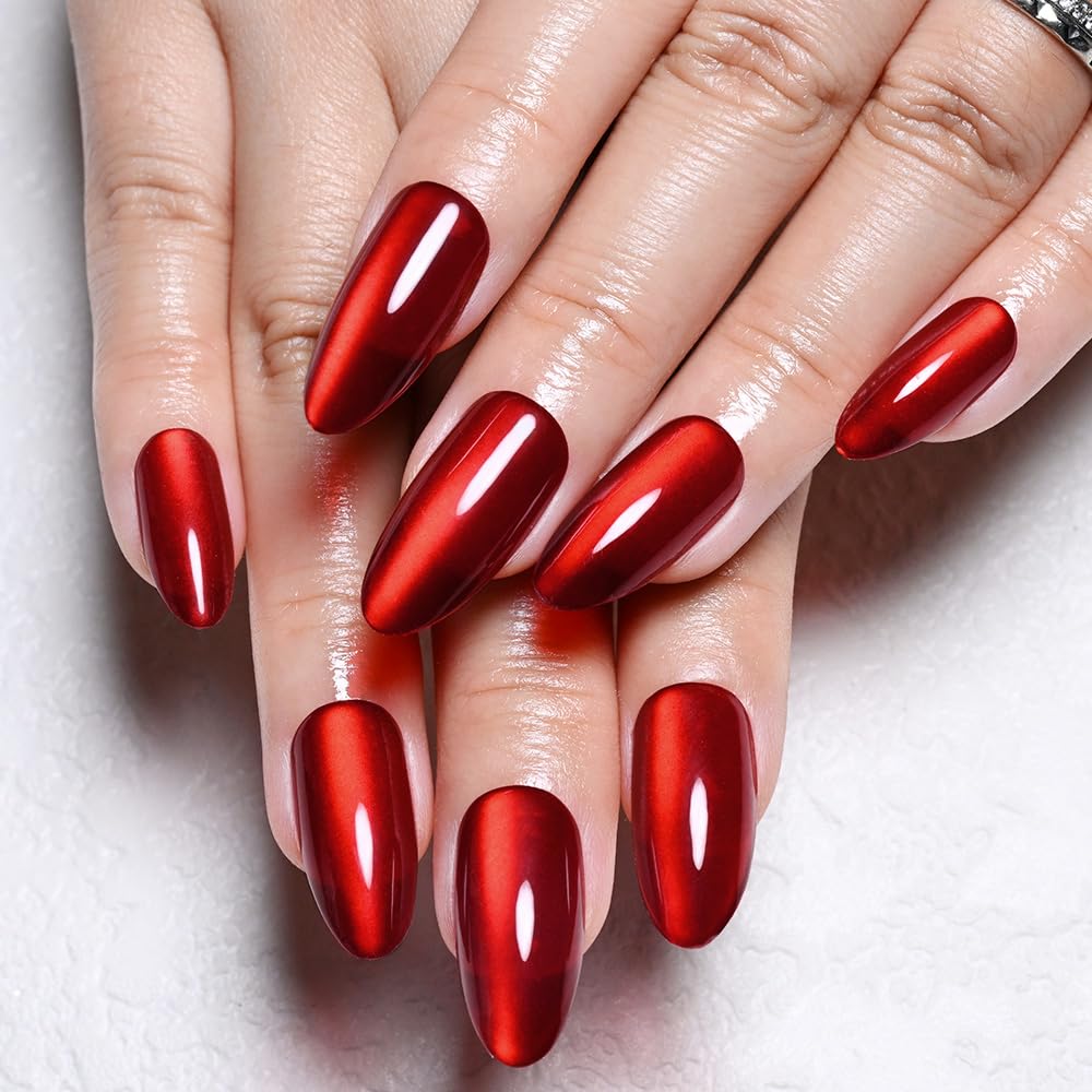 XZMeiLun Cat Eye Red Press On Nails Almond Medium Length, Magnetic Acrylic Fake Nails Stylish Design, Salon-Quality Shiny Finish, Reusable Stick On Nails Kit for Women, Daily Wear (No Glue Included)