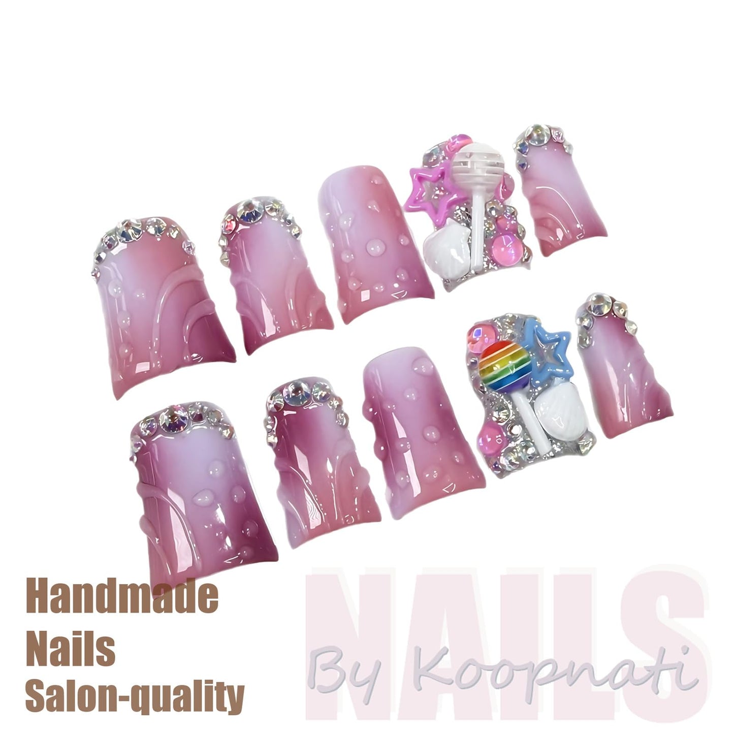 Handmade 3D Nail Art Press Ons Homemade Press On Nails French Tip With 3D Pink Star Flower Design Fake Nail For Women M