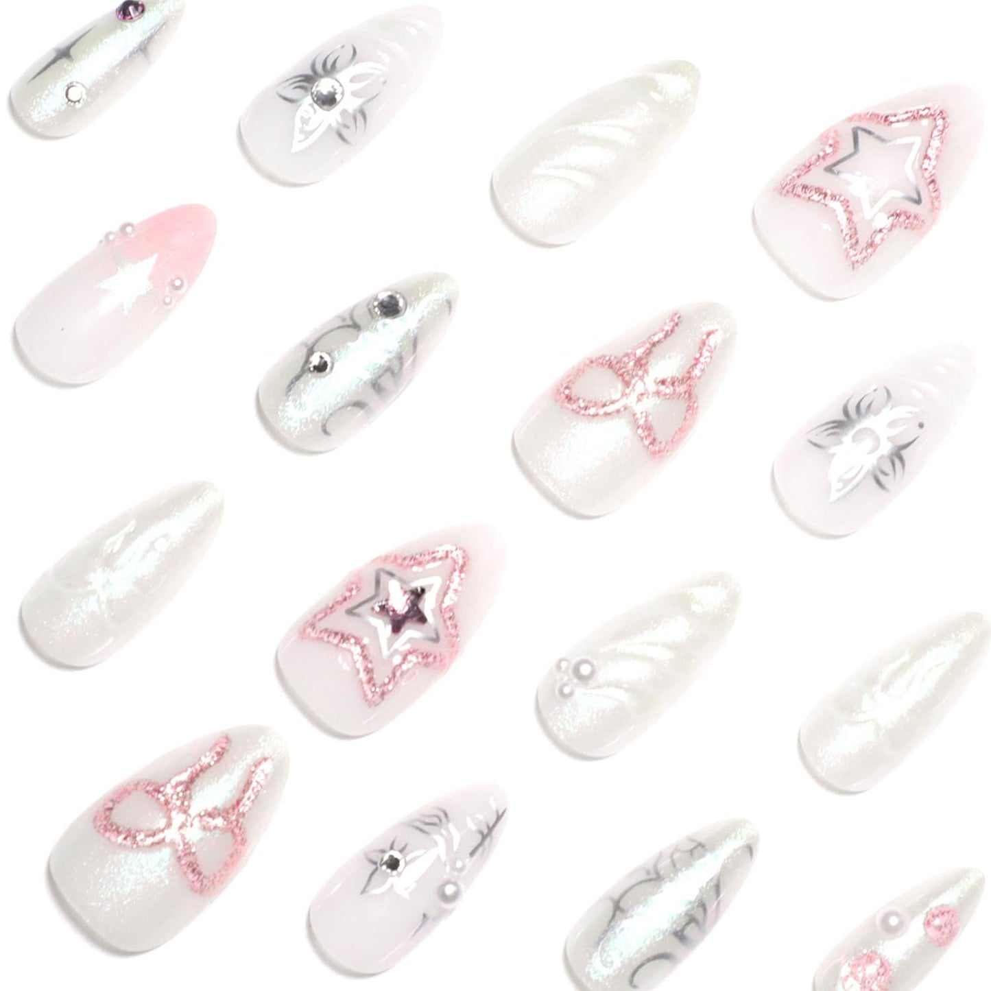 French Tip Press on Nails Medium Almond Star Bow Flower Fake Nails with Rhinestone Designs Pink Glitter Stars Bows False Nails Full Cover Artificial Glue on Nails Handmade Stick on Nails for Women
