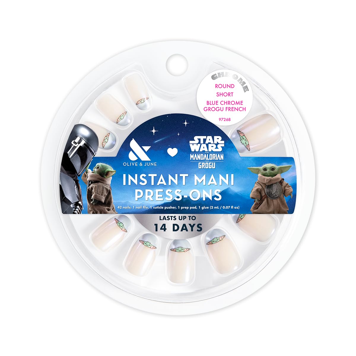 Olive & June Instant Mani Press-On Nails (Glue) | Star Wars: The Mandalorian & Grogu | 42 Fake Nails, 21 Sizes | Non-Toxic, Long-Lasting Up to 14 Days | Short, Round | Blue Chrome Grogu French