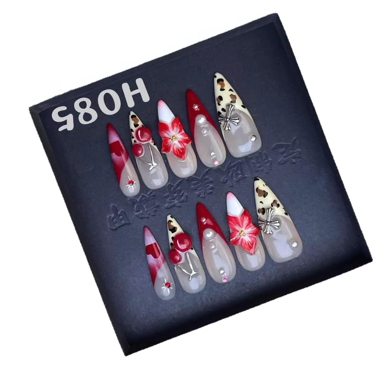 Handmade Press on Nails Long Stiletto Fake Nails Leopard French tips False Nails with Cheery Flower Design Red Heart Pearl Charms Handmade Nail Reusable for Women Girls Daily Wear Manicure Size L