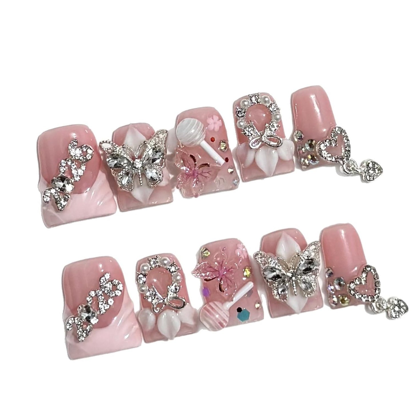 Duck Press on Nails Handmade Acrylic Fake Nails 3D Luxury Butterfly and 2026 Designs Flower Stick on Nails Full Cover Thickened False Nails for Women Nail Art DIY（S)