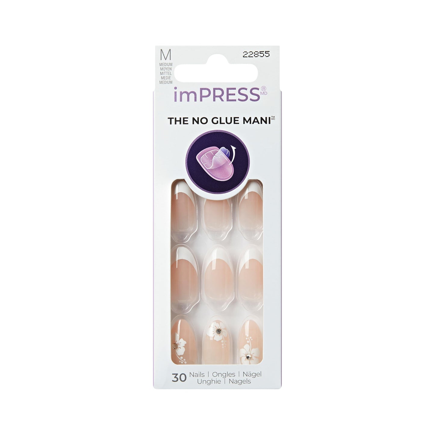 Kiss Impress No Glue Mani Press On Nails, Design, 'Buttercup Shine', White, Medium Size, Almond Shape, Includes 30 Nails, Prep Pad, Instructions Sheet, 1 Manicure Stick, 1 Mini File