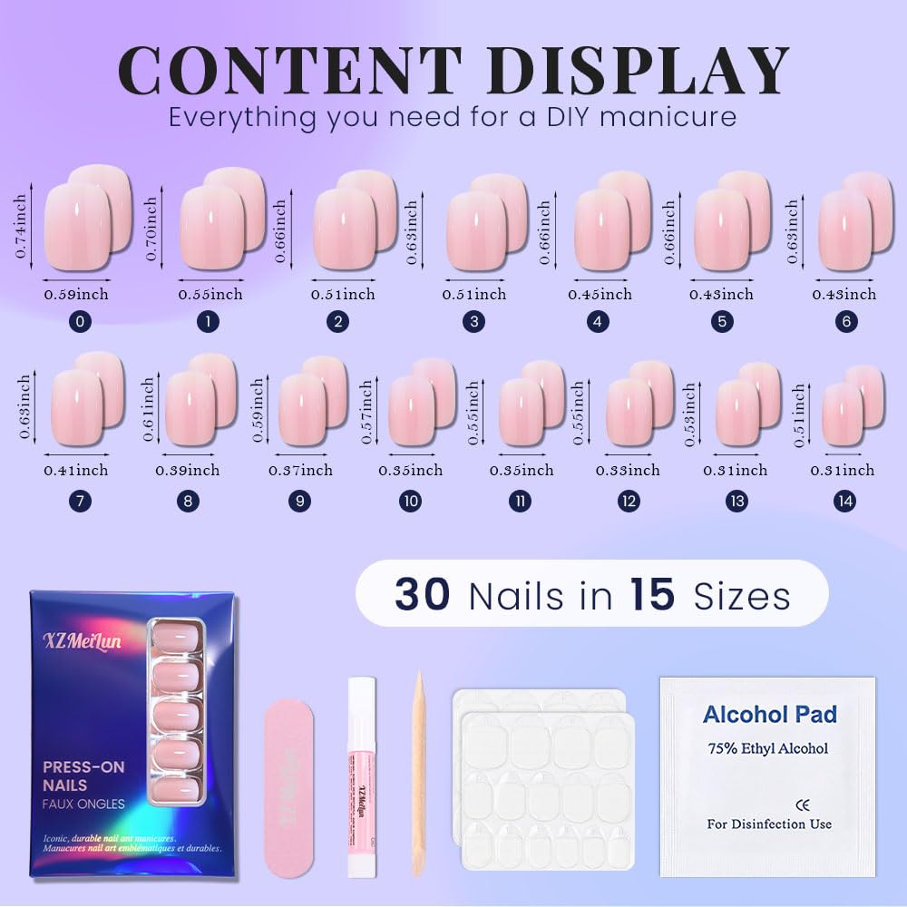XZMeiLun Pink White Ombre Press on Nails, Short Square Acrylic Fake Nails Design, Natural Reusable Nails Kit for Women DIY False Nail Art Decoration Gift, Salon Quality Reusable 15/30 Pcs