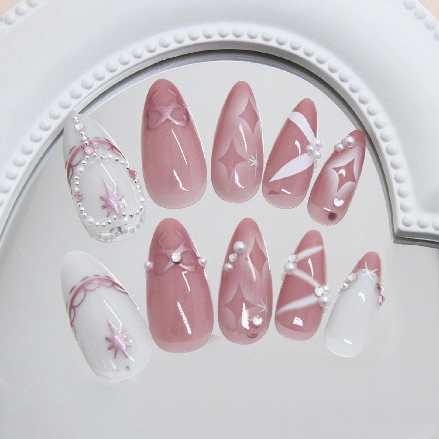24Pcs French Tip Press on Nails Medium Almond Fake Nails Sparkling Diamond Pearl Star Bow Design French Nails Reusable Fake Nails for Wedding Party Cute Stick on Nails for Women Daily Wear