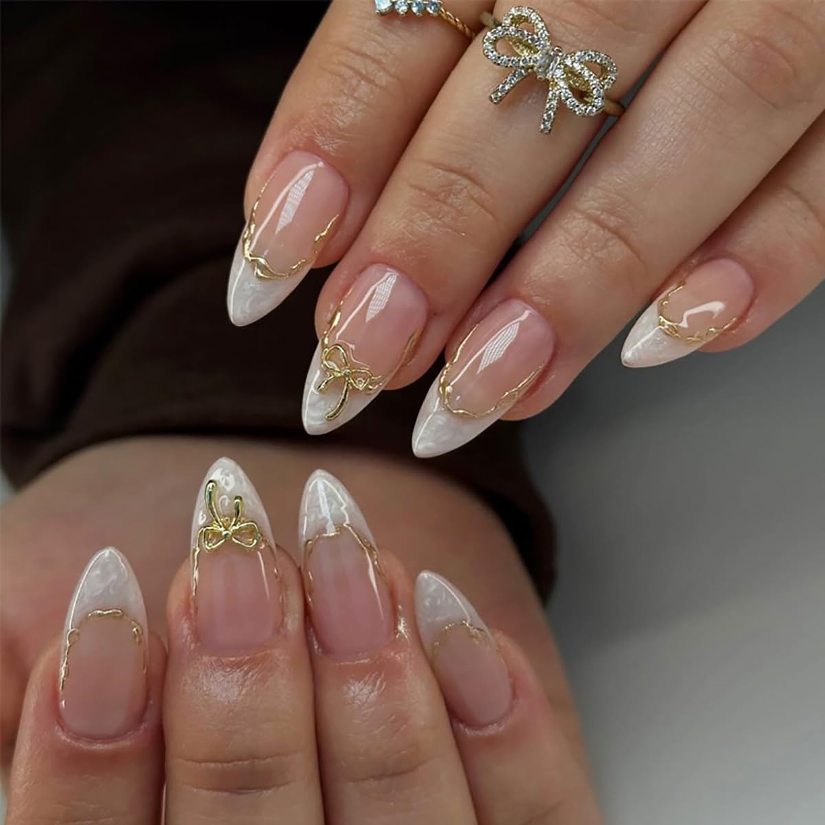 24Pcs White French Tip Press on Nails Medium Almond Fake Nail 3D Gold French Line Pink Nails Glossy Designs Full Cover Stick on Nail Acrylic Glue on Nail Chrome False Nails for Women Manicure Salon