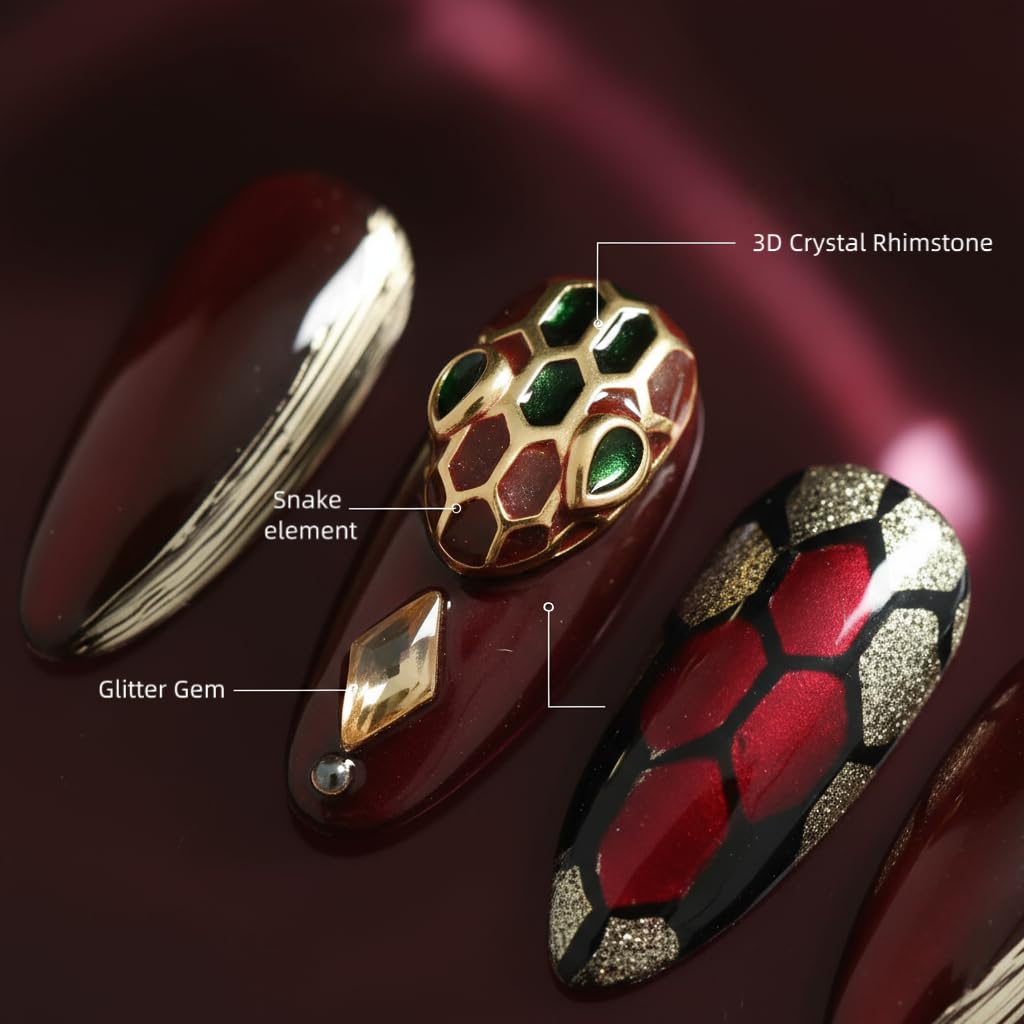 Tesytto Dark Red Press on Nails Luxury Medium Almond, Handmade Fake Nails 3D Design with Snake Charm Rhinestones Glossy Full Cover Thick Acrylic Nails for Valentine's Day(Red Flame,S)