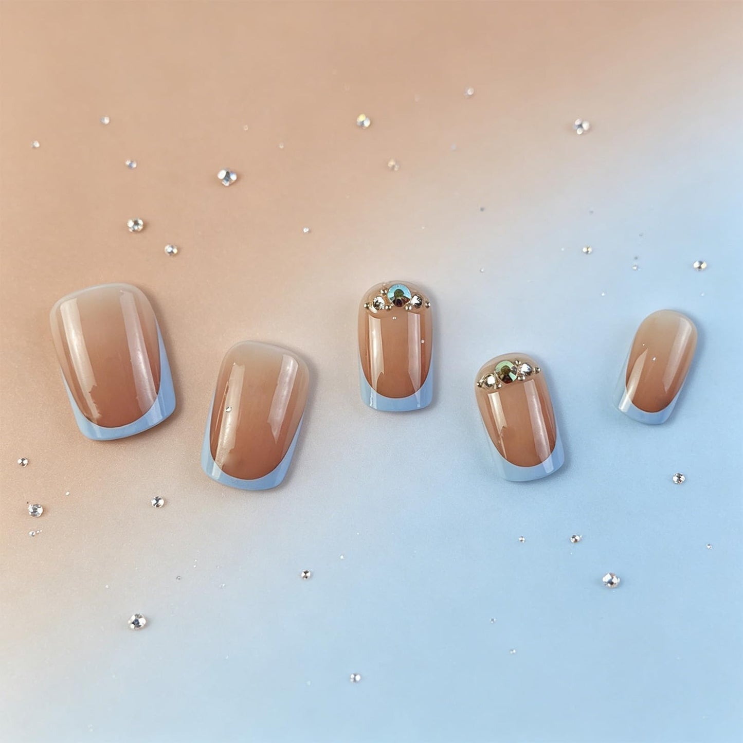 Blue French Tip Press On Nails Short Square Fake Nails with Rhinestones Summer Glossy False Nails Reusable Acrylic Stick On Nails for Women Daily Home Office Party Wedding Travel Gifts