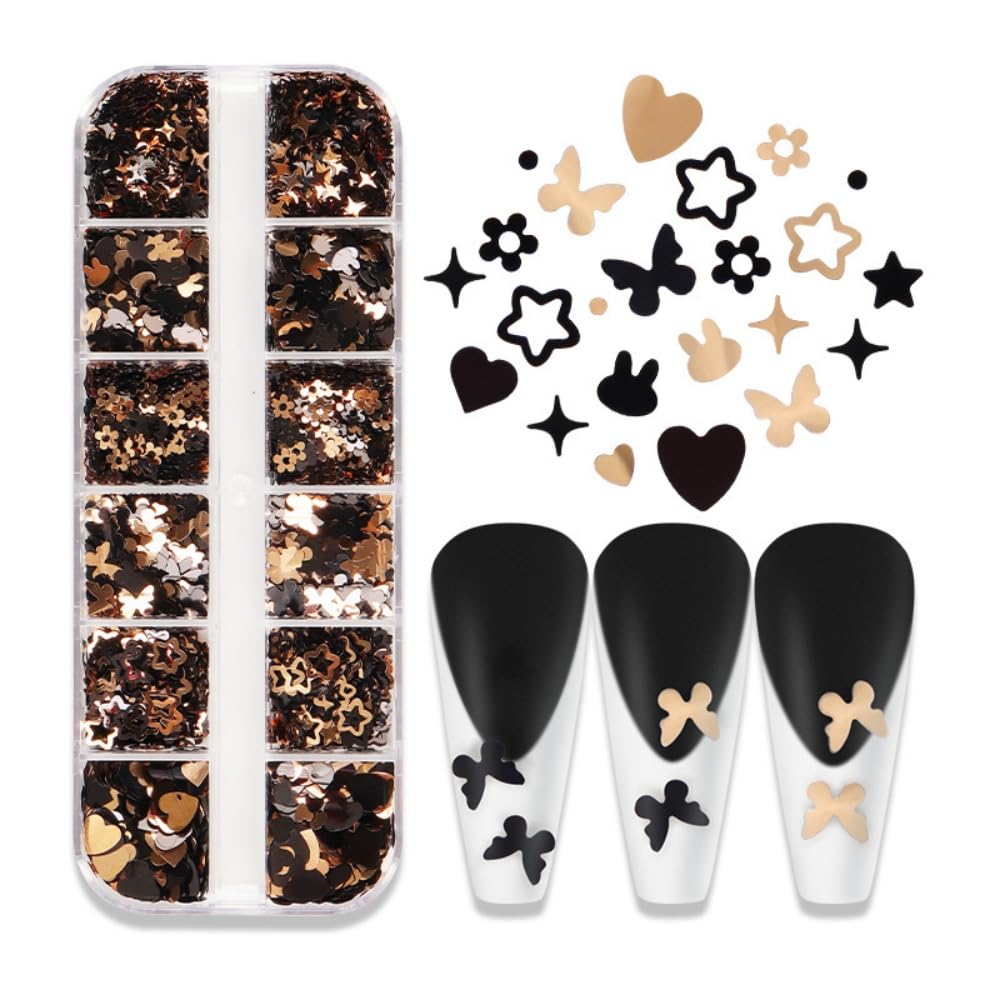 1 Box 2 Color Holographic Butterfly Hearts Nail Glitter Black Gold Nail Sequins 3D Star Flower Nail Flakes Sparkly Powder Flakes Shiny Nail Confetti Rabbits Chunky Glitter for Nails Art 12 Grids