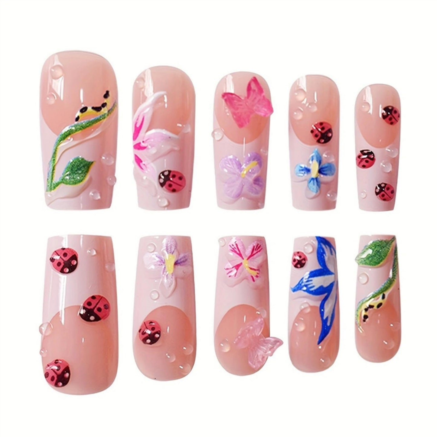 Square Press on Nails Long Fake Nails French Tip White Artificial Nail with 3D Flowers Designs Cute Pink Floral Stick on Nail for Women 24pcs