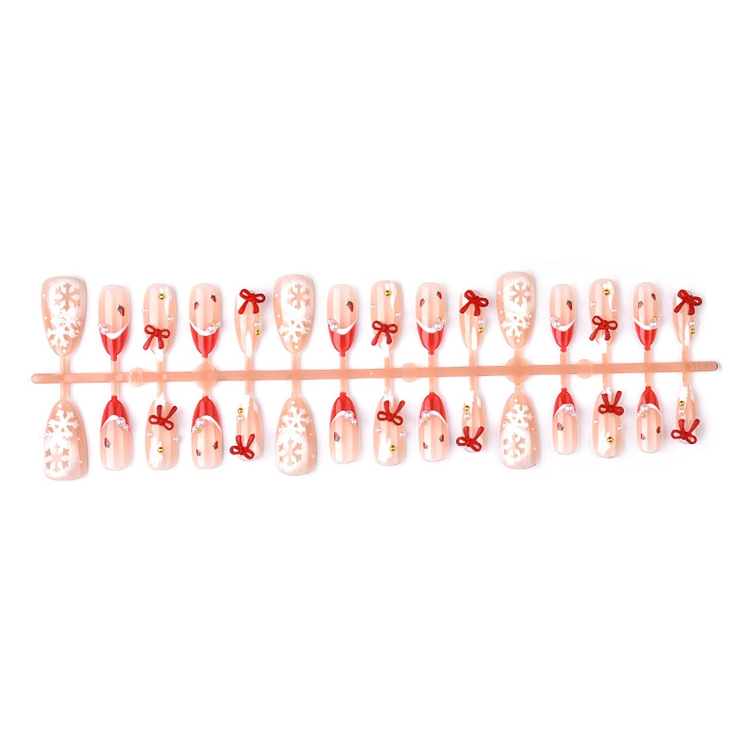 30pcs Christmas Press on Nails Medium Almond French Tip Fake Nails Winter Snowflake Full Cover False Nails with 3d Bow Rhinestones Designs Glue on Nails Valentine Nude Glossy Acrylic Nail for Women