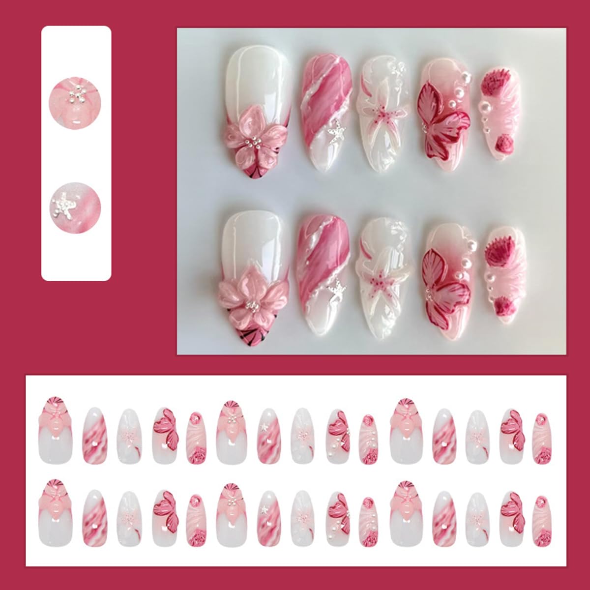 30Pcs Spring Flower Press on Nails Medium Almond Fake Nails Nude White False Nail Tip Kit 3D Floral Pearl Design Sparkly Glossy Glue on Nails Full Cover Acrylic Valentines Stick on Nail for Women