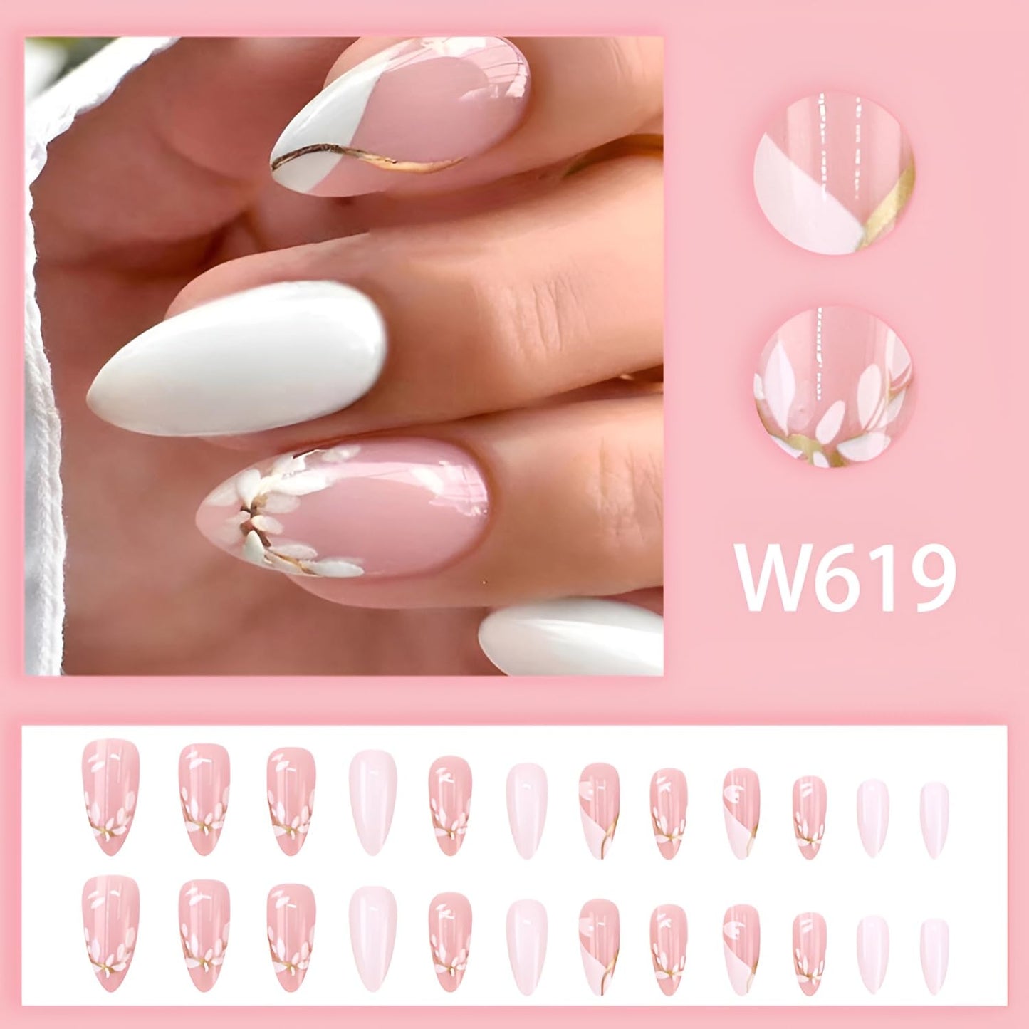 6 Packs（144Pcs）Flower Press on Nails Short Almond Fake Nails with Flower Design Summer Spring Nails Press ons Acrylic Nails Glossy Glue on Nails Full Cover Stick on Nails for Women Girls