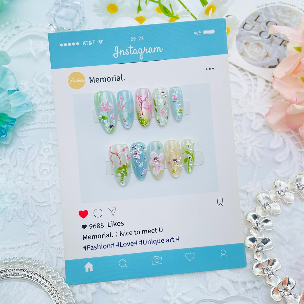 NEWSPIED Medium Almond Press on Nails Spring Summer Floral Fake Nails with Pearl Rhinestone 3D Flower Design Blue Pink Glossy Reusable False Nails Cute Handmade Stick on Nails for Women Manicure 30Pcs