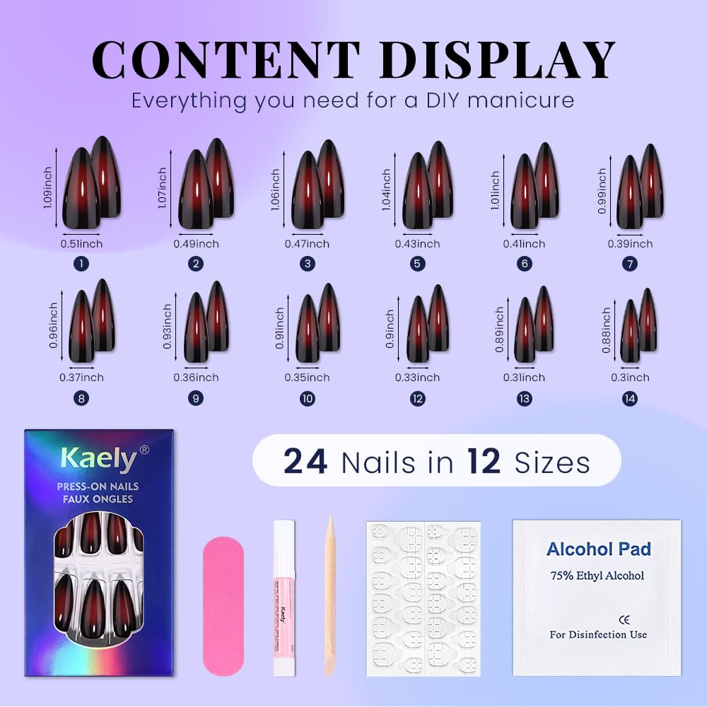evpct Ombre Dark Red Press on Nails Medium Almond, Medium Almond Glossy Stick on Nail for Women Gift with Manicure Kit, Reusable Full Cover Soft Stick on Fake Nail with Ombre Design Perfectly Fit
