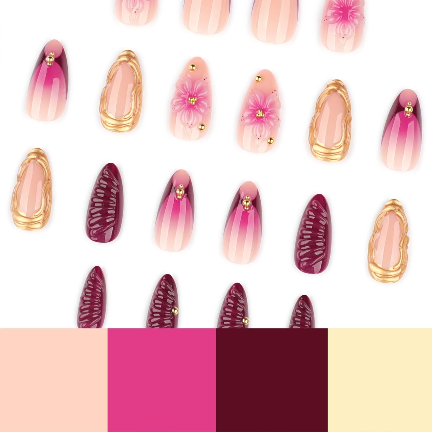 Mivota Soft Gel Press On Nails Almond Floral Design, Burgundy Pink Gold Foil Flower Glue On Fake Nails Glossy Reusable Acrylic Look False Nails for Women 24PCS