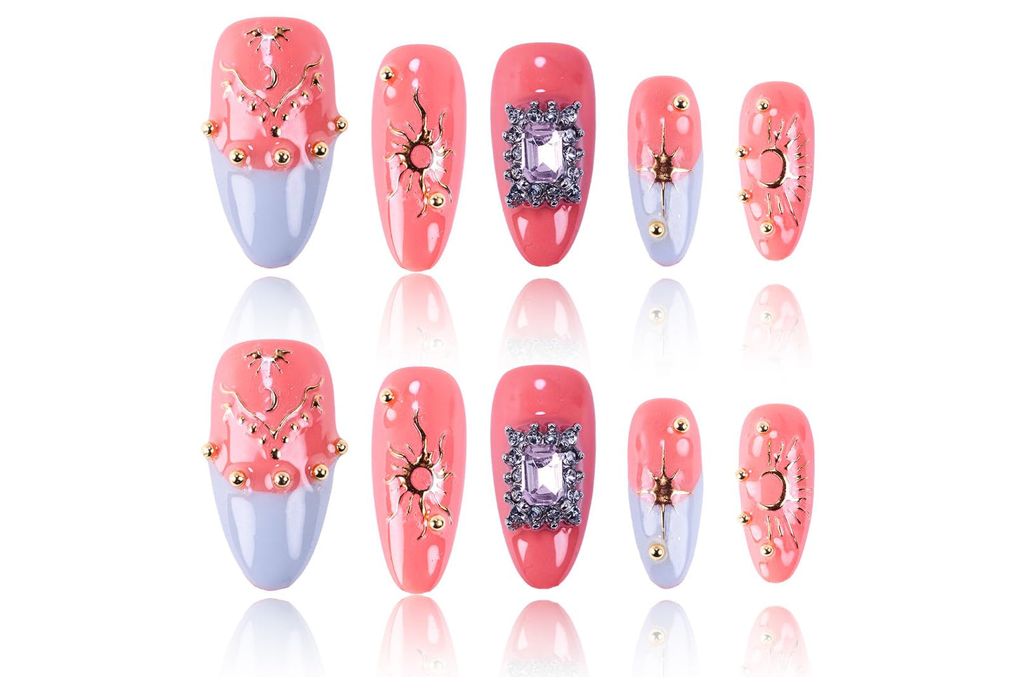 24Pcs Handmade Press on Nails, 3D Coral Pink Fake Nails with Medium Length Almond, Cute Blue French Tips Manicure Kit with Gold Lines for Women