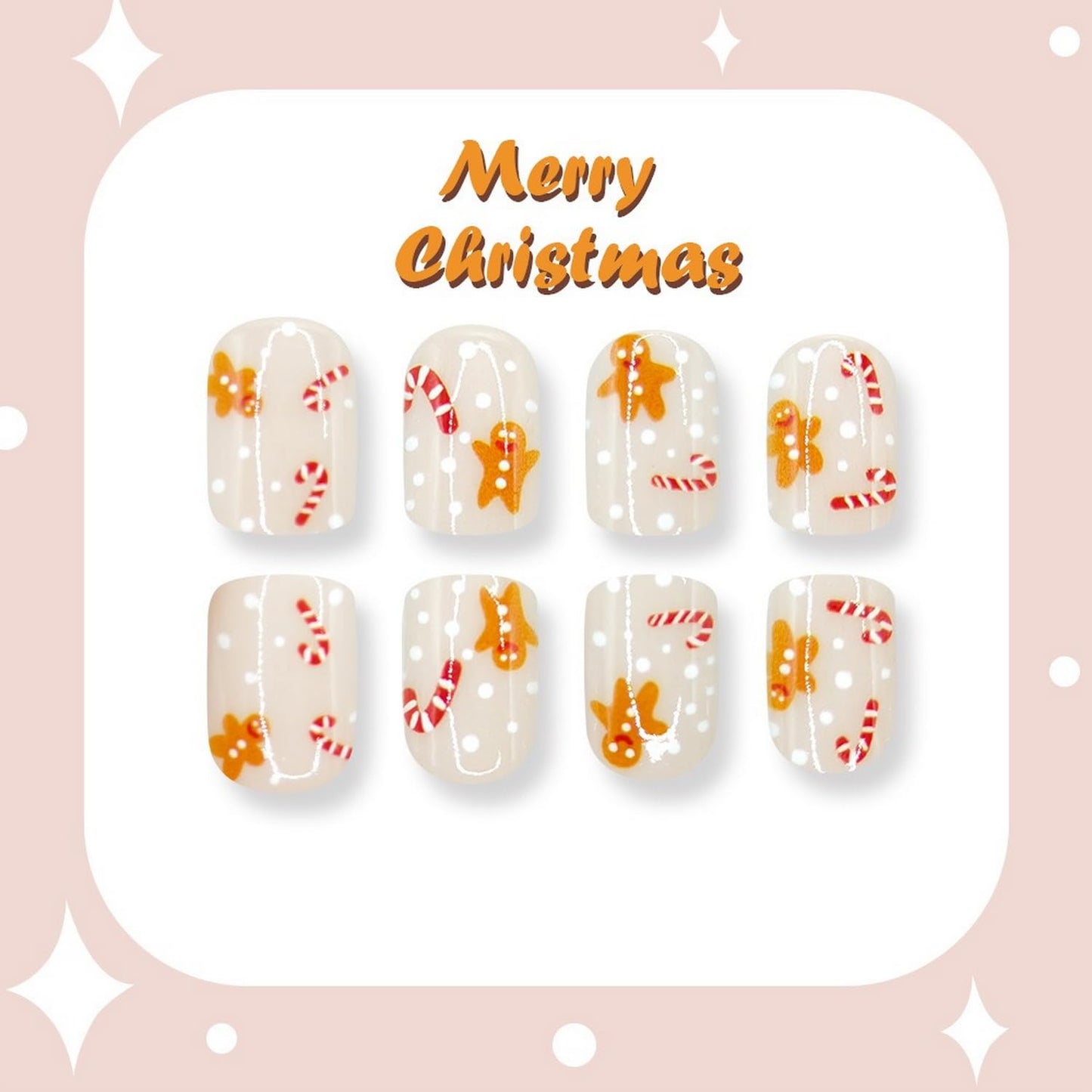 24 Pcs Christmas Press on Nails Short Square Fake Nails False Nails with Designs Cute Gingerbread Man Crutch Snowflake Full Cover Glossy Glue on Nails Xmas Acrylic Nail for Women Girls