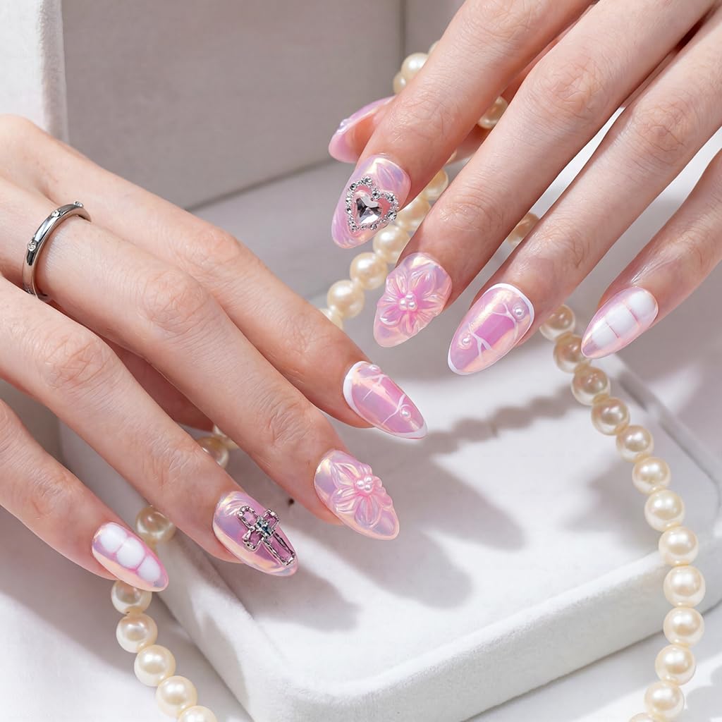 IntoVibes 10 Pieces Handmade Short Almond Press On Nails, Pink Thickened False Nails, Heart Shaped Rhinestone And Flower, Reusable Fake Nails Almond, Reusable Acrylic Nails (L)