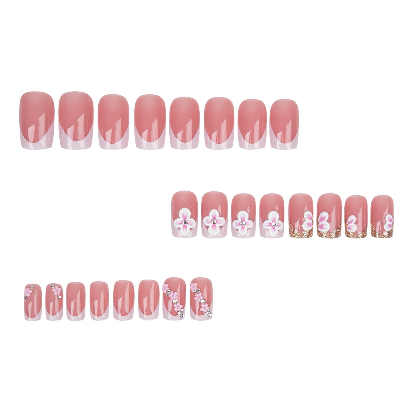 Jremg White French Tip Press on Nails Medium Square Fake Nails with Rhinestones Designs Cute 3D White Floral False Nails Glossy Gold Glitter French Full Cover Glue on Nails for Women Daily Wear 24Pcs