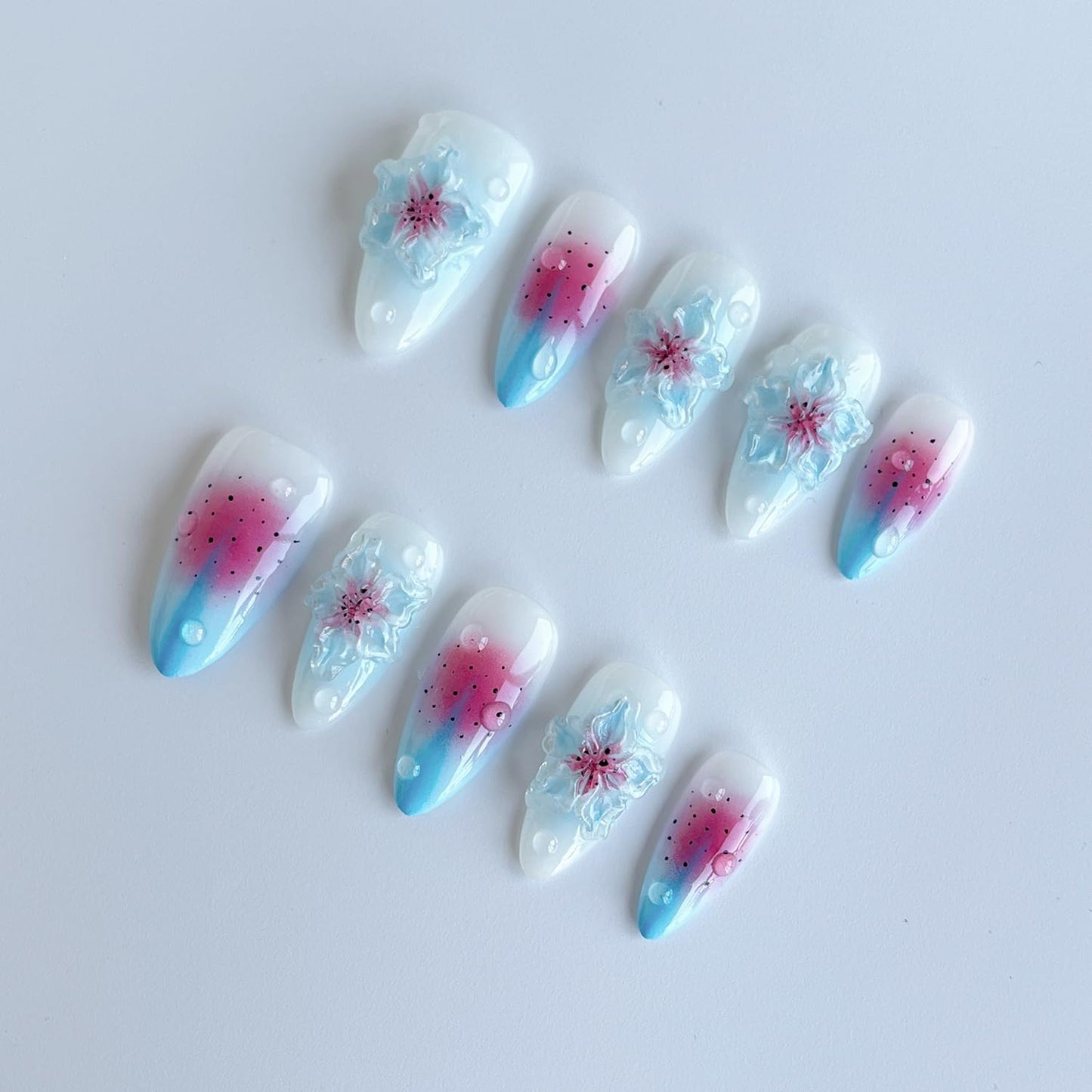 Luxury Press on Nails Medium Almond Handmade 3D Unique Reusable ABS Material Fake Nails Blue False Nails with Designs Pink&Blue Flower Water Drop Art Petal Glossy Thick Acrylic Nails(S)